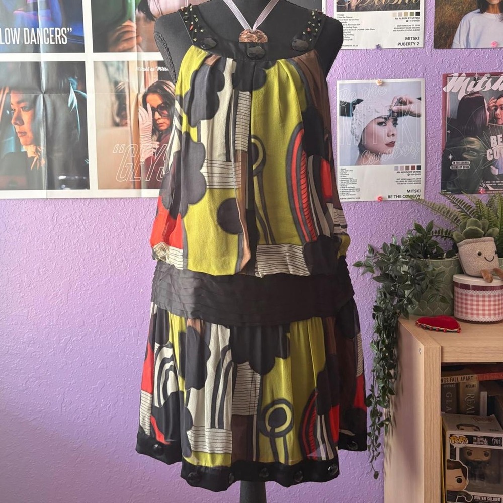 Vintage 90s Sue Wong 100% Silk Drop Waist Beaded Dress Size 6